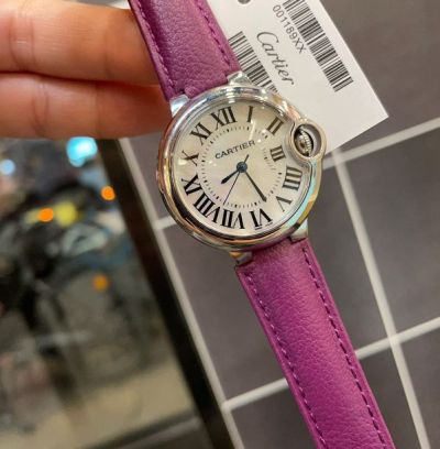 Cartier 33MM Fisheye Glass Swiss Quartz Movement Cawhide Purple Strap Silver Bezel Women Watch